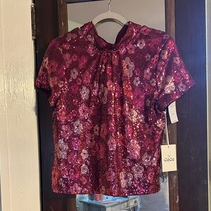 CeCe Fuchsia Sequin Floral Blouse